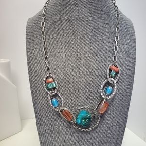 Silver toned chain necklace turquoise coral